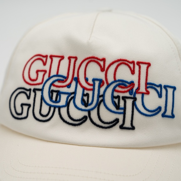 size L Gucci White Embroidered Logo Baseball Hat Cap Black Red Blue - Picture 5 of 8
